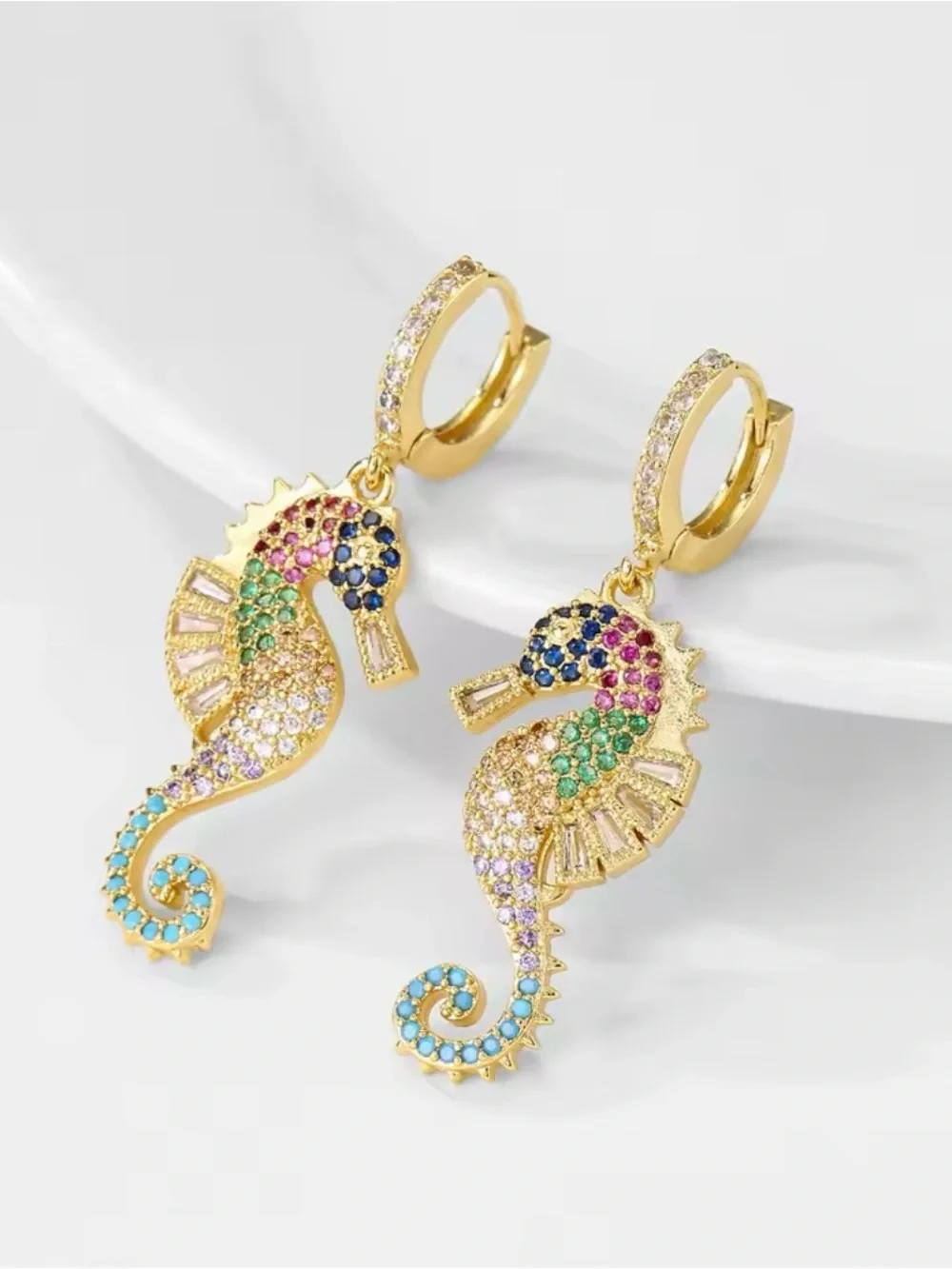 14k Multigem Seahorse Drop Hoop Earrings